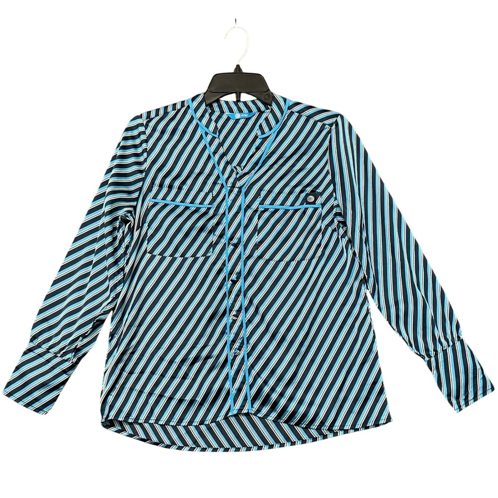 AT&T Brand‎ Button Up Blouse Womens XS Diagonal Stripes Contrast Piping Workwear